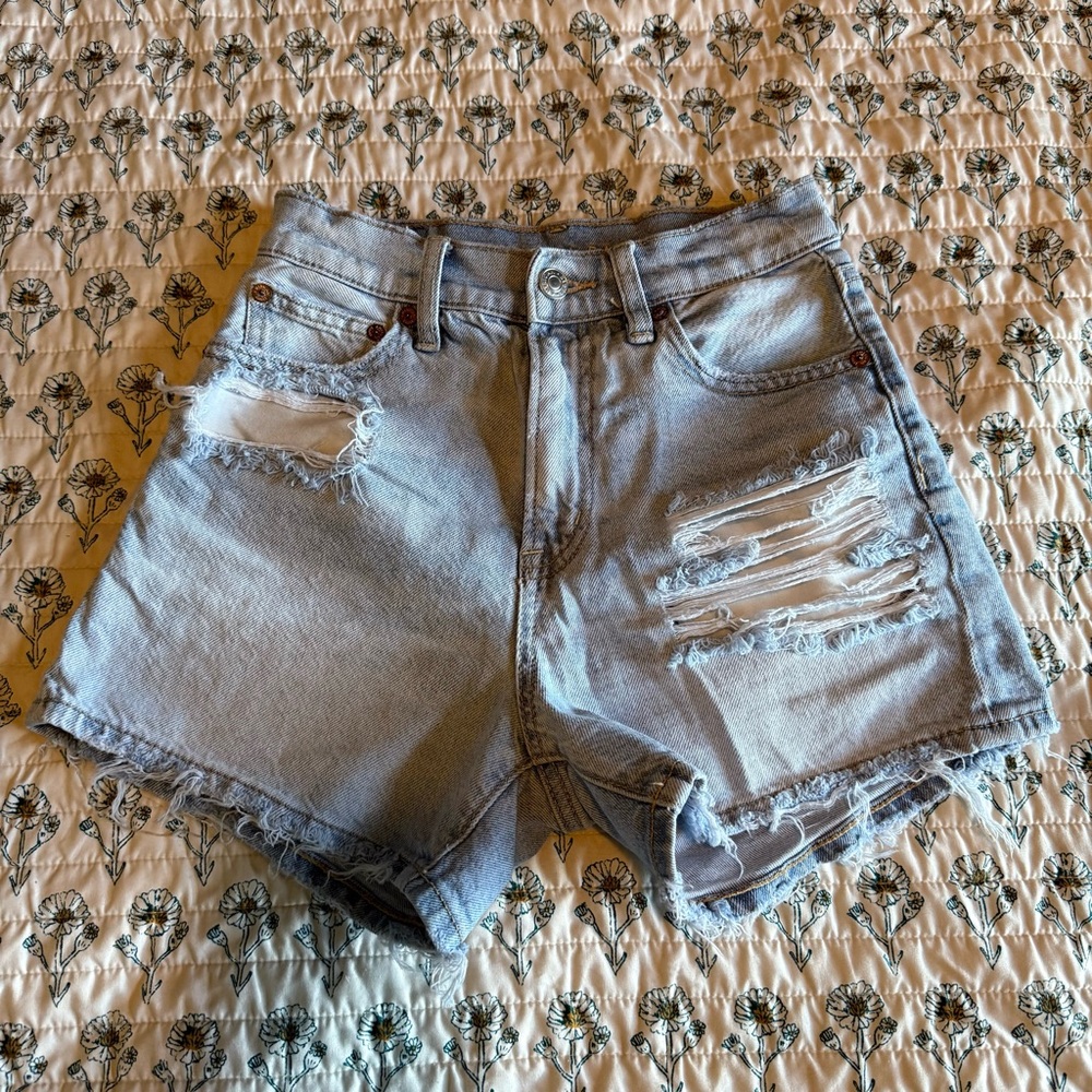 American Eagle Outfitters High Rise Ripped Light Blue Jean Shorts